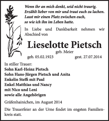 Traueranzeige von Lieselotte Pietsch von WVG - Wochenspiegel Wittenberg