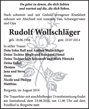 Traueranzeige von Rudolf Wollschläger von WVG - Wochenspiegel Wittenberg
