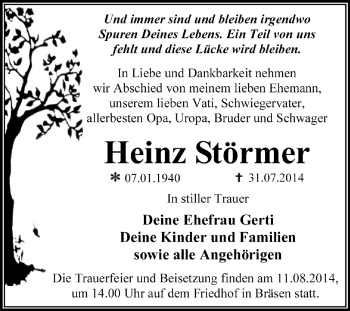 Traueranzeige von Heinz Störmer von Super Sonntag Dessau / Köthen