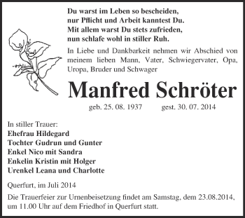 Traueranzeige von Manfred Schröter von WVG - Wochenspiegel Merseburg