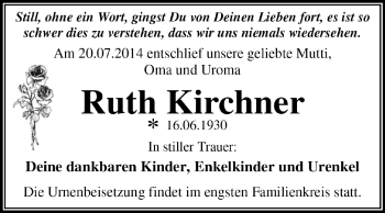 Traueranzeige von Ruth Kirchner von Super Sonntag Dessau / Köthen