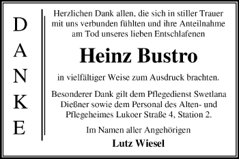 Traueranzeige von Heinz Bustro von Super Sonntag Dessau / Köthen