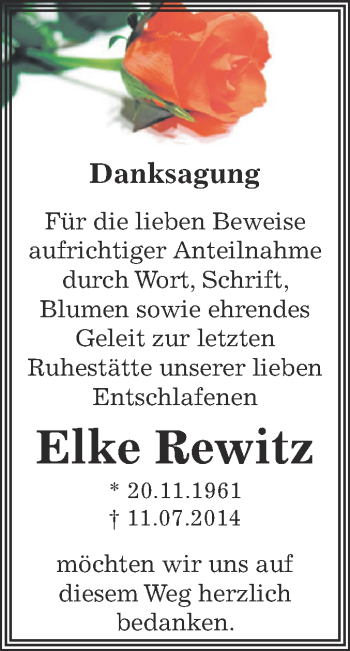 Traueranzeige von Elke Rewitz von Super Sonntag Bernburg