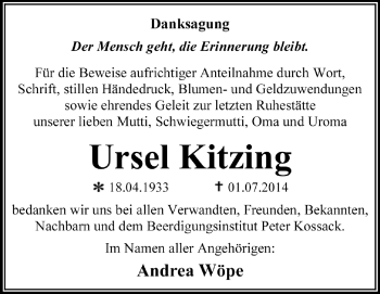 Traueranzeige von Ursel Kitzing von Super Sonntag Dessau / Köthen