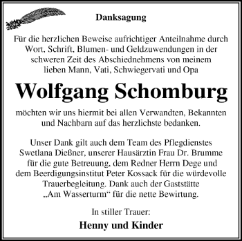 Traueranzeige von Wolfgang Schomburg von Super Sonntag Dessau / Köthen