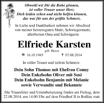 Traueranzeige von Elfriede Karsten von Super Sonntag Dessau / Köthen