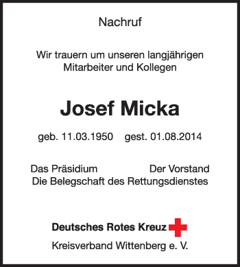 Traueranzeige von Josef Micka von Super Sonntag Wittenberg