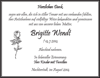 Traueranzeige von Brigitte Wendt von WVG - Wochenspiegel Aschersleben