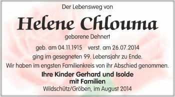 Traueranzeige von Helene Chlouma von WVG - Wochenspiegel NMB / WSF / ZTZ