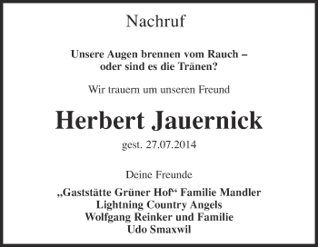 Traueranzeige von Herbert Jauernick von Super Sonntag Merseburg