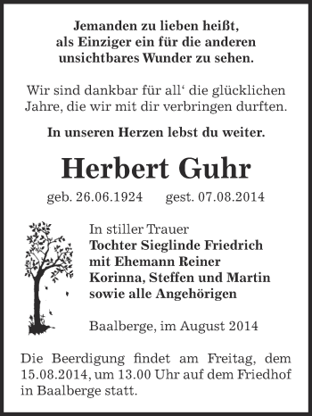 Traueranzeige von Herbert Guhr von Super Sonntag Bernburg