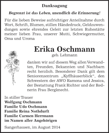 Traueranzeige von Erika Oschmann von WVG - Wochenspiegel SGH