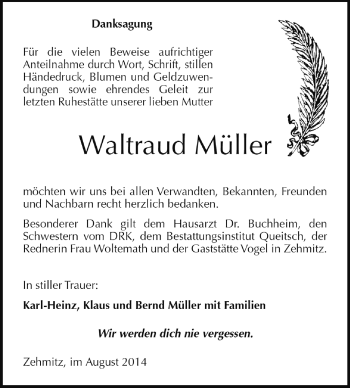 Traueranzeige von Waltraud Müller von Super Sonntag Dessau / Köthen