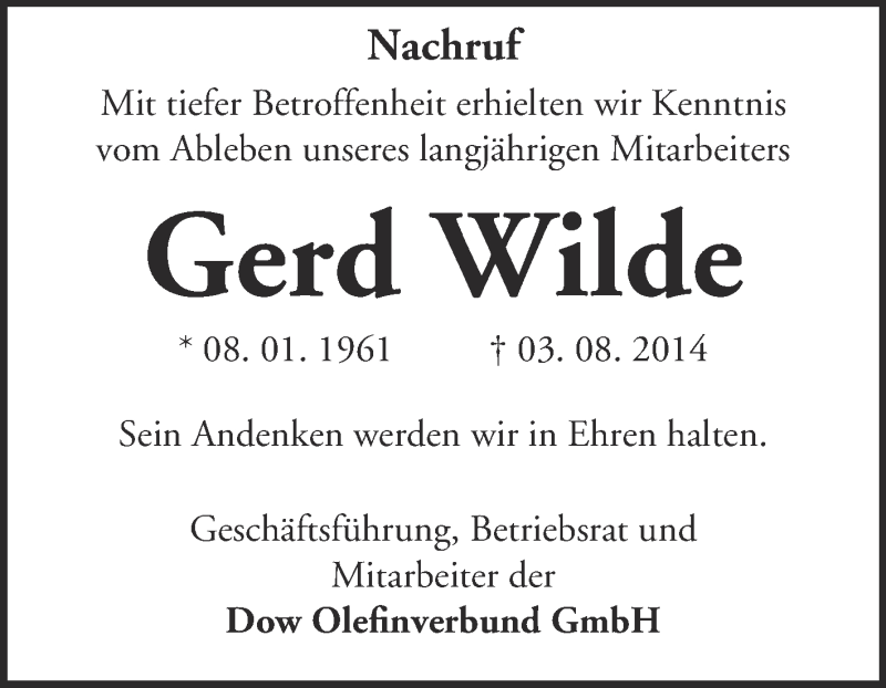  Traueranzeige für Gerd Wilde vom 13.08.2014 aus WVG - Wochenspiegel Merseburg