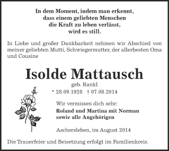 Traueranzeige von Isolde Mattausch von Super Sonntag Aschersleben