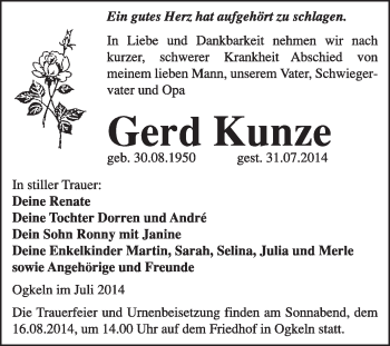 Traueranzeige von Gerd Kunze von WVG - Wochenspiegel Wittenberg