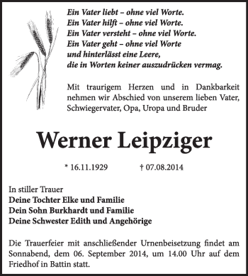 Traueranzeige von Werner Leipziger von WVG - Wochenspiegel Wittenberg