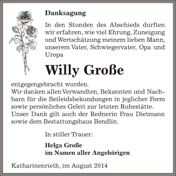Traueranzeige von Willy Große von WVG - Wochenspiegel SGH