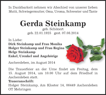 Traueranzeige von Gerda Steinkamp von WVG - Wochenspiegel Aschersleben