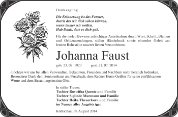 Traueranzeige von Johanna Faust von Super Sonntag Merseburg