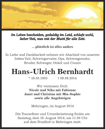 Traueranzeige von Hans-Ulrich Bernhardt von WVG - Wochenspiegel Aschersleben