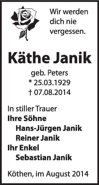 Traueranzeige von Käthe Janik von Super Sonntag Dessau / Köthen