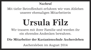 Traueranzeige von Ursula Filz von WVG - Wochenspiegel Aschersleben