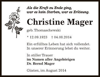 Traueranzeige von Christine Mager von Super Sonntag Bernburg