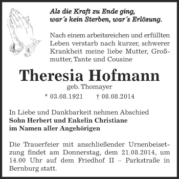 Traueranzeige von Theresia Hofmann von Super Sonntag Bernburg