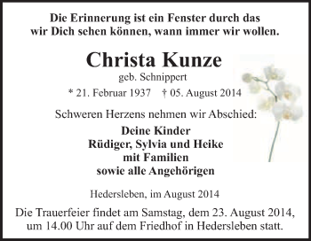 Traueranzeige von Christa Kunze von WVG - Wochenspiegel Quedlinburg