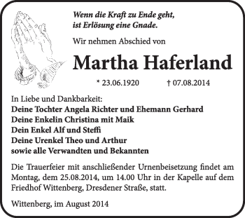 Traueranzeige von Martha Haferland von WVG - Wochenspiegel Wittenberg