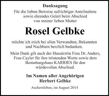 Traueranzeige von Rosel Gelbke von WVG - Wochenspiegel Quedlinburg