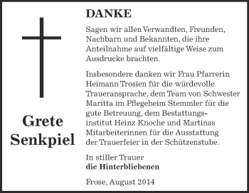 Traueranzeige von Grete Senkpiel von WVG - Wochenspiegel Aschersleben
