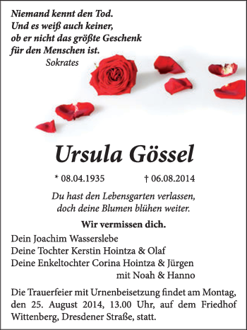 Traueranzeige von Ursula Gössel von WVG - Wochenspiegel Wittenberg