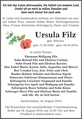 Traueranzeige von Ursula Filz von WVG - Wochenspiegel Aschersleben