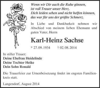 Traueranzeige von Karl-Heinz Sachse von WVG - Wochenspiegel NMB / WSF / ZTZ