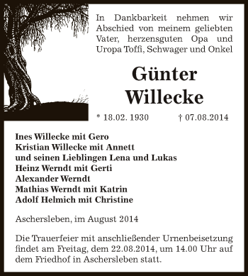 Traueranzeige von Günter Willecke von WVG - Wochenspiegel Aschersleben