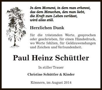Traueranzeige von Paul Heinz Schüttler von Super Sonntag Bernburg