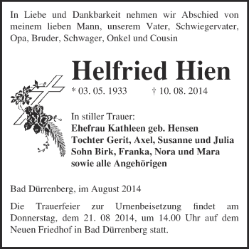 Traueranzeige von Helfried Hien von Super Sonntag Merseburg