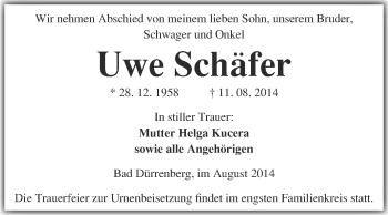 Traueranzeige von Uwe Schäfer von Super Sonntag Merseburg
