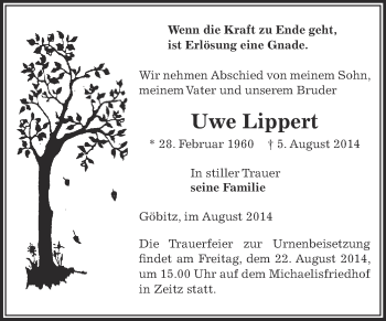 Traueranzeige von Uwe Lippert von Super Sonntag Zeitz