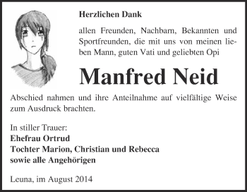 Traueranzeige von Manfred Neid von WVG - Wochenspiegel Merseburg