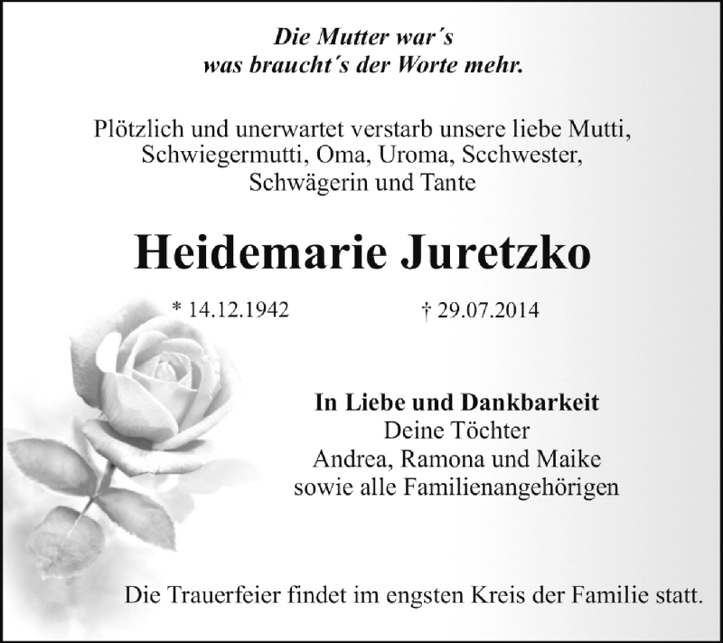  Traueranzeige für Heidemarie Juretzko vom 17.08.2014 aus Super Sonntag Dessau / Köthen