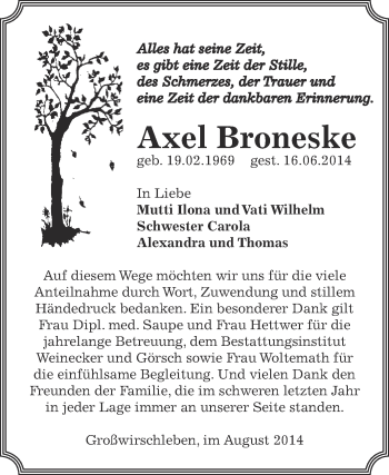 Traueranzeige von Axel Broneske von Super Sonntag Bernburg