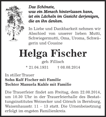 Traueranzeige von Helga Fischer von Super Sonntag Bernburg