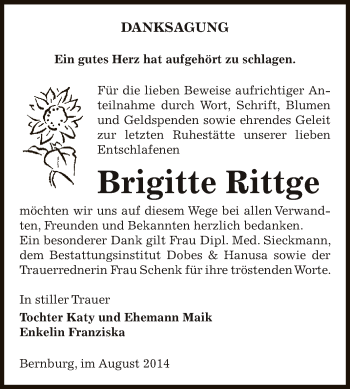 Traueranzeige von Brigitte Rittge von Super Sonntag Bernburg