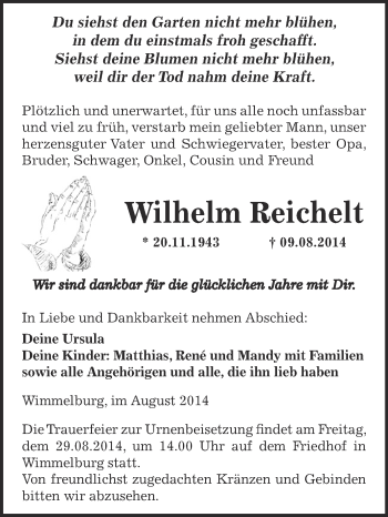 Traueranzeige von Wilhelm Reichelt von Wochenspiegel Mansfelder Land