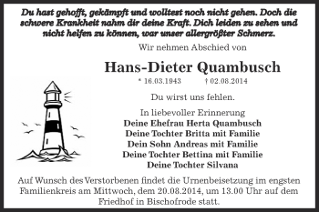 Traueranzeige von Hans-Dieter Quambusch von Wochenspiegel Mansfelder Land