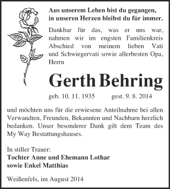 Traueranzeige von Gerth Behring von Super Sonntag Merseburg