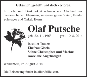 Traueranzeige von Olaf Putsche von Super Sonntag Merseburg
